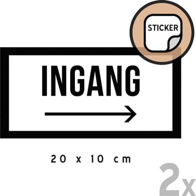 Pictogram/ stickers (2x) | "Ingang" (pijl rechts) | 20 x 10 cm | Inkom | Deur | Zelfklever | Voordeur | Retail | Sticker | Zwart/ wit | 2 stuks