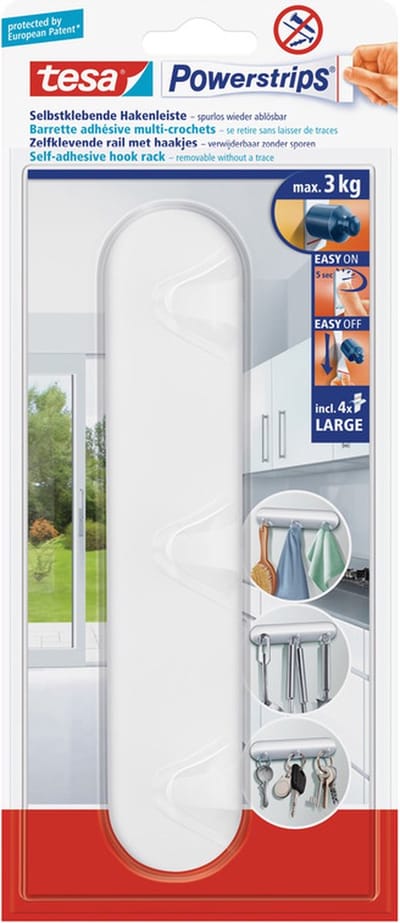2x tesa powerstrips hakenrek large 3-haaks - klusbenodigdheden - huishouden - verwijderbare haken - opplak hakenrekje