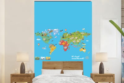 Behang - Fotobehang Wereldkaart Kinderen - Modern - Symbolen - Breedte 155 cm x hoogte 240 cm