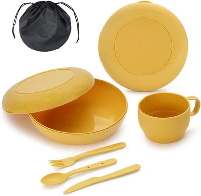 Famanu – Camping mess kit met kom, bord, beker, lepel, vork, mes en draagtas, kunststof campingaccessoires voor reizen, picknick en outdoor gebruik