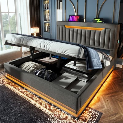 Sweiko Gestoffeerd bed - 160 x 200 cm - LED-verlichting - Opbergruimte - USB/Type-C - Tweepersoonsbed - Linnen - Grijs