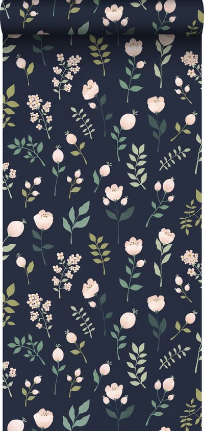 ESTAhome behang bloemen donkerblauw, roze en groen - 53 cm x 10.05 m - 139341