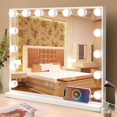 Make-upspiegel met Verlichting en 3 Kleurmodi - Hollywood Stijl met 15 LED Lampen en USB-Oplaadpoort