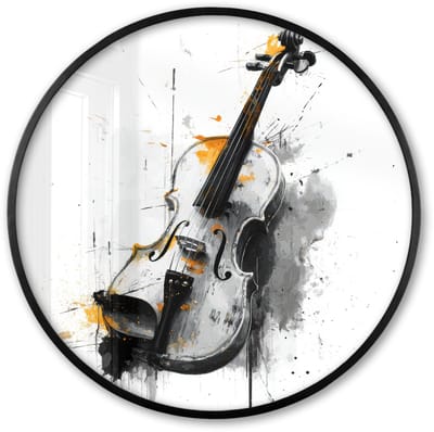 Poster in lijst Rond - Fotolijst 60x60 cm - Posters - Viool - Oranje - Zwart - Penseelstreken - Ronde posterlijst zwart - Decoratie - Wanddecoratie woonkamer - Muurdecoratie slaapkamer