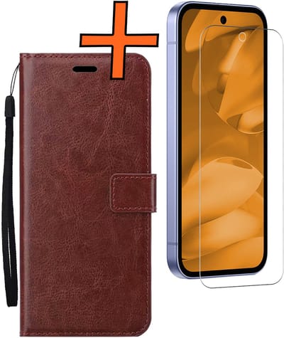 Hoes - Met Screenprotector - Geschikt voor Google Pixel 9a - Luxe Pasjeshouder - Bookcase Portemonee - Flip Case - Kunstleer Book Case - Flipcase - Book Cover - Walletcase - PortemonneeHoes - Bruin