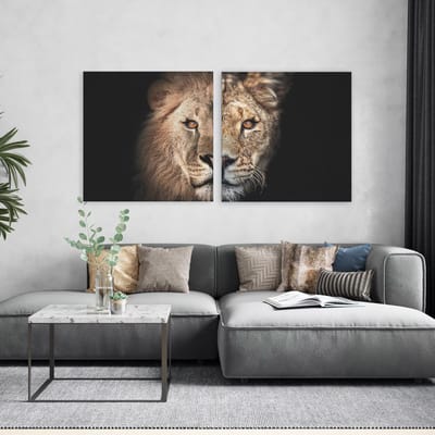 Modern Schilderij Woonkamer - Schilderij op Dibond - Leeuw en Leeuwin - tweeluik - 60 x 60 cm - PosterGuru