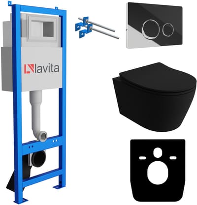 LAVITA® Inbouwreservoir Complete Toiletset LAV 101 - Inbouw WC Hangtoilet Wandcloset PRAIA BLACK Zwart Mat - Bedieningsplaat 200.4.2 Chroom - Voorwandelement voor toilet 40cm - Installatiesysteem