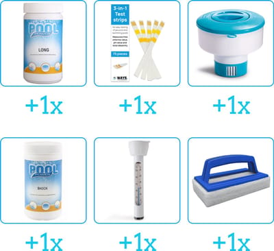 Zwembad Onderhoudspakket - Onderhoud Zwembad - bevat Chloor - Testrips - Chloordrijver - Chloor - Thermometer en Scrubborstel (6-delig)