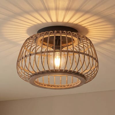 Lindby - plafondlamp hout - 1licht - Rotan, staal - H: 24.5 cm - E27 - matzwart, licht hout