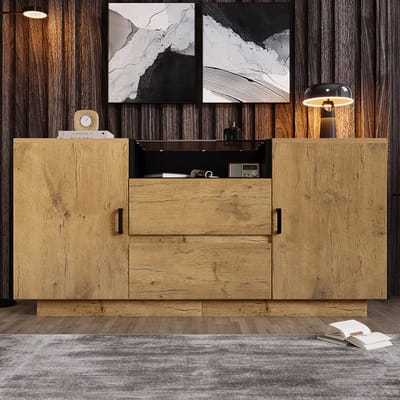Pugsdrly Eikenhouten ladekast met 2 lades + 2 kasten (in hoogte verstelbaar binnenin) en open vak - ESG-glas en zwarte handgrepen, H70/L140/P40 cm