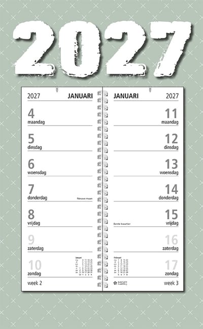 MGPcards - Omlegweekkalender 2027 - Week begint op maandag - 21 x 34 cm - Groen