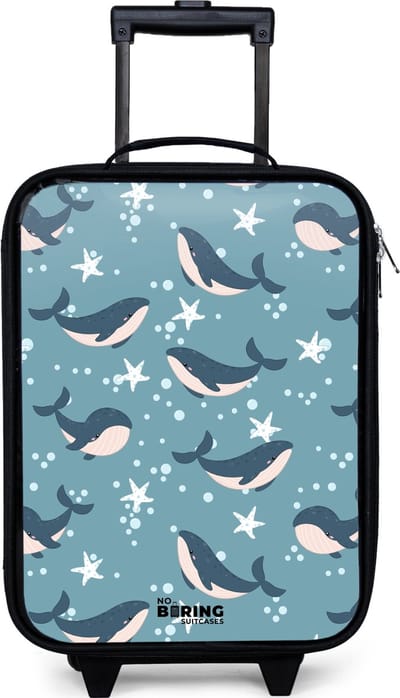 NoBoringSuitcases.com® - Kinderkoffer jongen - Kindertrolley meisje - Walvissen met zeesterren patroon blauw - Koffer kind lichtgewicht - Reiskoffer trolley voor kinderen - Koffertje met lichtgevende wieltjes - Rolkoffer zwart
