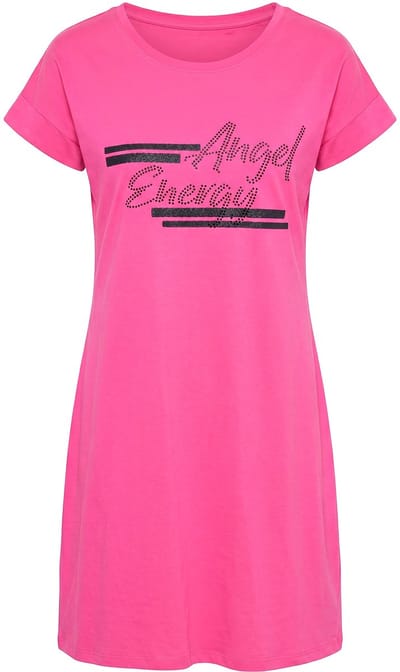 Angel of Style - Dames - Shirtjurk A-lijn jersey glitteropschrift - Hibiscusrood - Maat 44
