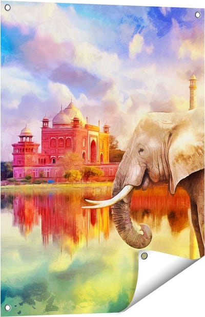 Gards Tuinposter Getekende Olifant bij Taj Mahal - Abstract - 60x80 cm - Tuindoek - Tuindecoratie - Wanddecoratie buiten - Tuinschilderij