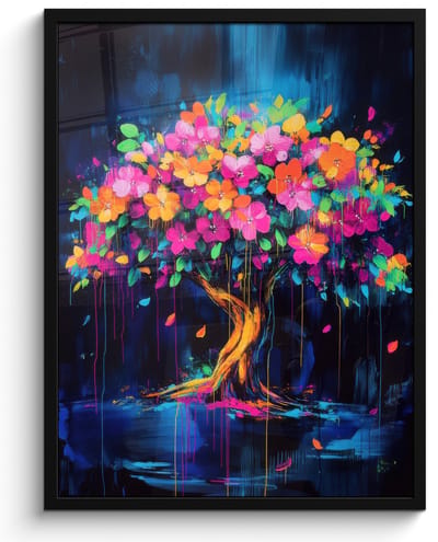 Poster in lijst - Fotolijst 50x70 cm - Posters - Boom - Bloemen - Magisch - Gekleurde - Posterlijst zwart - Decoratie - Wanddecoratie woonkamer - Muurdecoratie slaapkamer