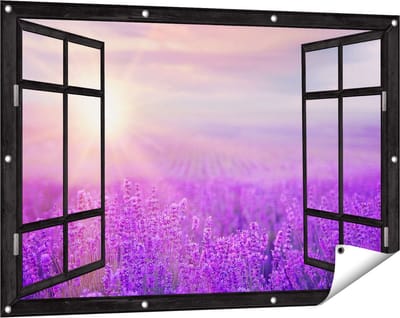 Gards Tuinposter Doorkijk Bloemenveld met Paarse Lavendel - 120x80 cm - Tuindoek - Tuindecoratie - Wanddecoratie buiten - Tuinschilderij