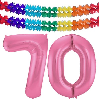 Folat Verjaardag Leeftijd folieballon - 70 jaar - roze - 86 cm - cijferballon groot - incl 2x feestslingers
