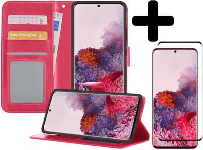 Hoesje - Met Screenprotector - Geschikt voor Samsung Galaxy S20 - Luxe Pasjeshouder - Bookcase Portemonee - Flip Case - Kunstleer Book Case - Flipcase - Book Cover - Walletcase - Portemonneehoes - Telefoonhoesjes - Donkerroze
