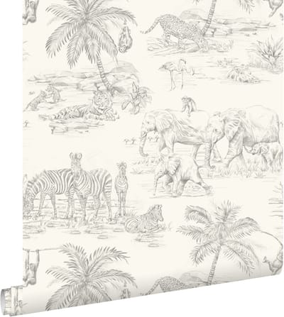 ESTAhome behang toile de jouy jungle grijs en wit - 50 x 900 cm - 132117