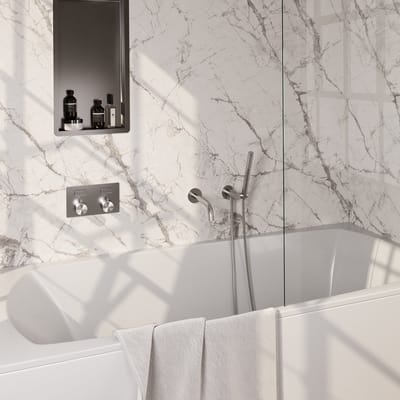 Brauer Brushed Edition thermostatische inbouw badkraan met drukknoppen SET 03 met uitloop en staaf handdouche en doucheslang en wandaansluitbocht RVS geborsteld PVD
