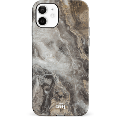 xoxo Wildhearts Marble Grey River - Double Layer - Hoesje geschikt voor iPhone 12 Marmer hoesje shockproof - Hard Case beschermhoesje geschikt voor iPhone 12 - Grijs