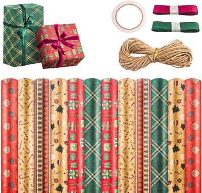 Kerstinpakpapierset van 12 vellen, recyclebaar kraftpapier 50 x 70 cm met hennepkoord, linten en tape voor stijlvolle kerstcadeaus in 6 ontwerpen