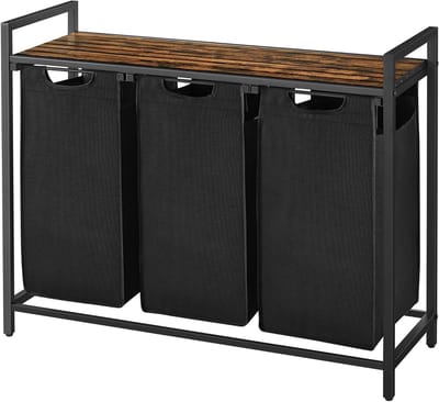 Wasmand met plank - Wasbox organizer - Sorteren van wasgoed - Drie uitneembare vakken - 114 Liter totaal - Vintage bruin-zwart