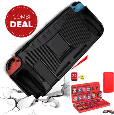 Actie4you® - Geschikt voor Nintendo Switch - Hoesje Schokbestendig - TPU Case met Kickstand – Combo Deal met 24 slots game card case - Zwart