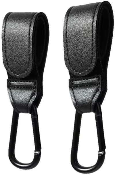 Kinderwagen Haak set van 2 PU leer zwart -Verstelbare Buggy Haak - Luiertas hangers met klittenband