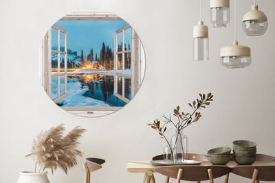 WallCircle - Wandcirkel - Muurcirkel - Doorkijk - Winterlandschap - Natuur - Huis - Bergen - Aluminium - Dibond - 140x140 cm - Binnen en Buiten