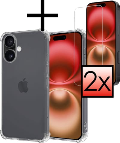 Hoesje - Met Screenprotector - 2 Stuks - Geschikt voor Apple iPhone 16 - Sterk & Shockproof - Siliconen Case - Back Cover - Telefoon Hoes - Shock Proof - Transparant