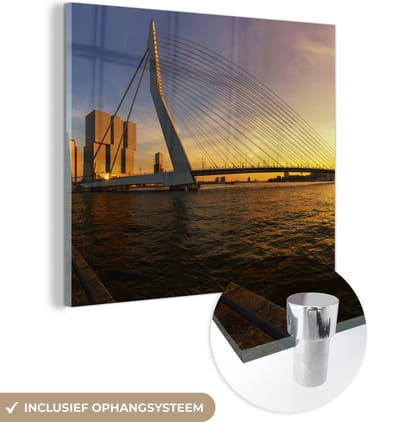 MuchoWow® Glasschilderij 50x50 cm - Schilderij acrylglas - Rotterdam - Zonsondergang - Erasmus - Foto op glas - Schilderijen