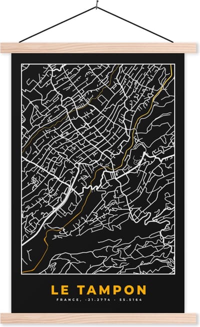 Posterhanger incl. Poster 40x60 cm - Schoolplaat - Kaart – Stadskaart – Le Tampon - Plattegrond – Frankrijk - Textielposter - Blanke latten - Stadskaart