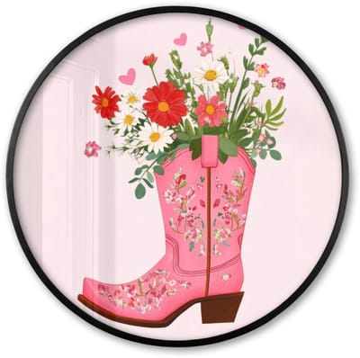Poster in lijst Rond - Fotolijst 60x60 cm - Posters - Cowboylaarzen - Roze - Boeket - Bloemen - Ronde posterlijst zwart - Decoratie - Wanddecoratie woonkamer - Muurdecoratie slaapkamer