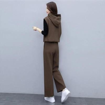 Modieus en Trendy Damespak in Herfst Nieuwe Stijl, Leeftijdsverlagend Slankmakend Wijdpijpig Broek Casual Dames Driedelig Pak 4XL bruin