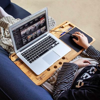 MikaMax Lapzer Laptop Desk - Design Bamboe Laptoptafel met Muismat, Koelgaten en Telefoonhouder