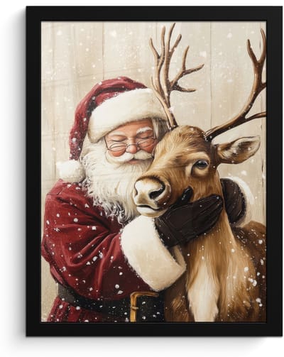 Poster in lijst - Fotolijst 30x40 cm - Posters - Kerstman - Rendier - Sneeuw - Kleurrijk - Posterlijst zwart - Decoratie - Wanddecoratie woonkamer - Muurdecoratie slaapkamer - Kerstversiering - Kerstdecoratie voor binnen - Kerstmis