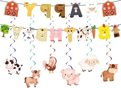 Verjaardagsdecoratie met boerderijthema: dierenbanner, spiraaldecoraties en feestversiering voor een onvergetelijk verjaardagsfeest