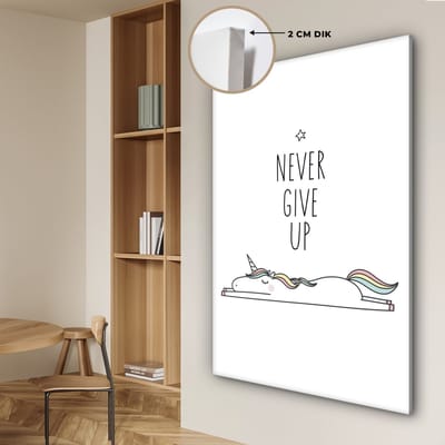 Kinderkamer decoratie - Eenhoorn - Quotes - Never give up - Quotes - Wanddecoratie meisjes - Canvas schilderij kinderen - Canvas doek kids - 90x140 cm