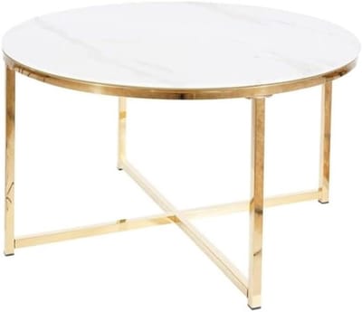 Salontafel Glas - Koffietafel Woonkamer - Ontspannen Zitten - Marmerlook Effect - 80 cm Diameter - Wit Goud
