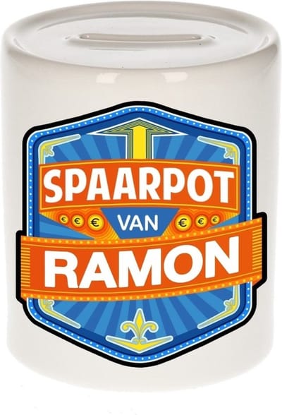 Bellatio Decorations Kinder spaarpot met naam - Ramon - keramiek - met dop - wit - Sparen - Spaargeld van Ramon