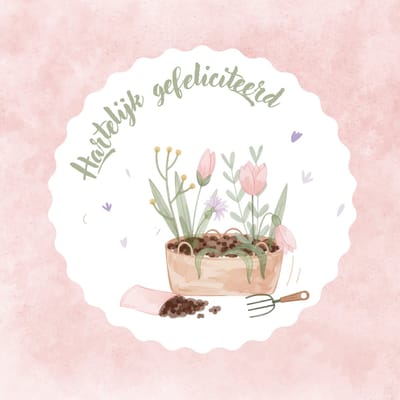 Wenskaart hartelijk gefeliciteerd plantenbak roze tulpen – 13x13 cm – gevouwen kaart – inclusief witte envelop – stevig papier – felicitatiekaart