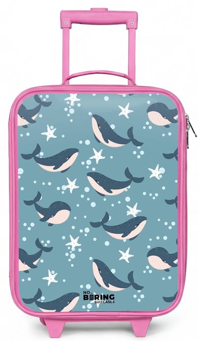 NoBoringSuitcases.com® - Kinderkoffer roze - Kindertrolley meisje - Walvissen met zeesterren patroon blauw - Koffer kind lichtgewicht - Reiskoffer trolley voor kinderen - Koffertje met lichtgevende wieltjes - Rolkoffer