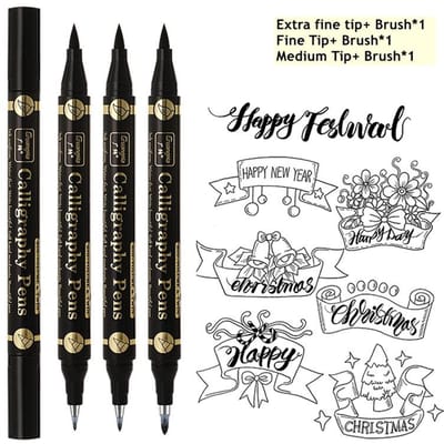 3 Pièces/lot Stylos à Double Tête pour Lettres à la Main Pinceaux de Calligraphie Chinoise Collection Marqueurs d'Art Encre Noire 4 Tailles pour Débutants Écriture