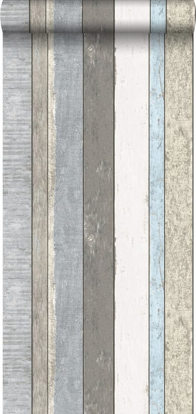 Walls4You behang verweerde houten planken grijs, blauw en beige - 935286 - 53 cm x 10,05 m