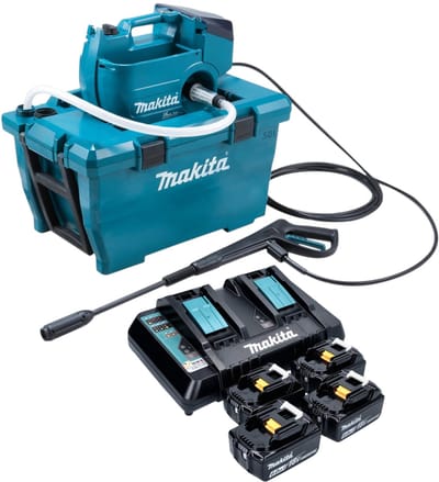 Makita DHW 080 PG4K Snoerloze hogedrukreiniger 36 V ( 2x 18 V ) 80 bar 380 l/u Borstelloos + 4x oplaadbare accu 6.0 Ah + dubbele lader