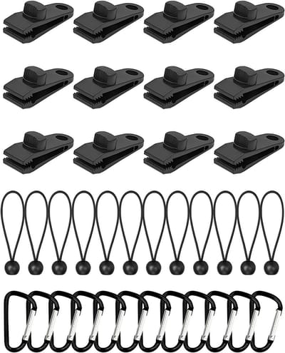 36-delige tarp clips set met zeilspanners, nylon bungee koorden en karabijnhaken voor tenten, camping en zeilen