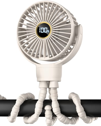 Draagbare mini-ventilator voor kinderwagens — Kleine oplaadbare ventilator — Ondersteunt 360° rotatie, drie snelheidsstanden en digitaal display — Geschikt voor kinderwagens, autostoeltjes en loopbanden — Wit（107*60*310mm）