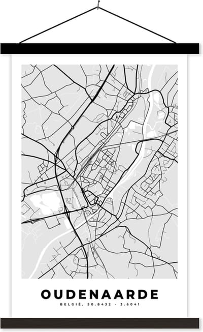 Posterhanger incl. Poster 40x60 cm - Schoolplaat - Zwart Wit – België – Plattegrond – Stadskaart – Kaart – Oudenaarde - Textielposter - Zwarte latten - Stadskaart