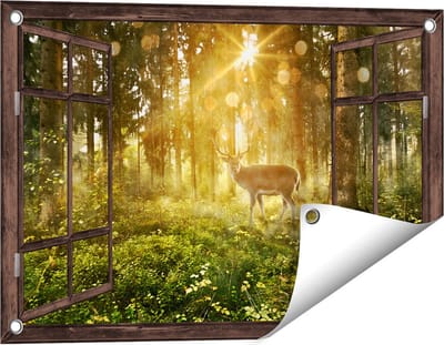 Gards Tuinposter Doorkijk Hert in Bos met Zon - 60x40 cm - Tuindoek - Tuindecoratie - Wanddecoratie buiten - Tuinschilderij